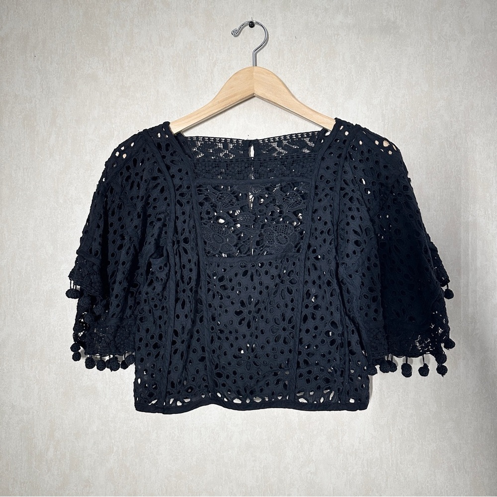 Anthropologie Black Eyelet Lace Cropped Blouse - Picture 5 of 15